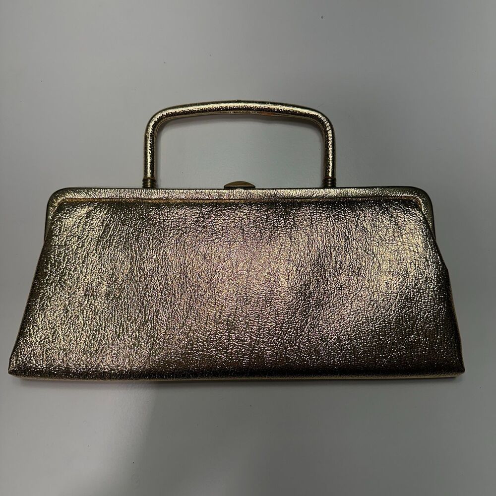 Vintage 1950s 1960s Gold Metallic Structured Handbag Top Handle Clutch - Small